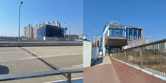 공사가 한창 진행 중인 한강대교 전망대 쉼터 직녀카페(왼쪽)와 현재 휴업 중인 견우카페.<박상길 기자>